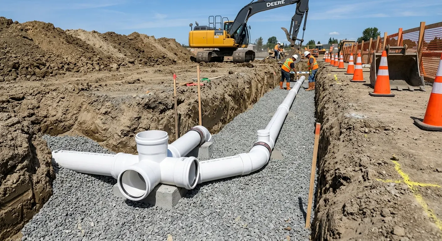 New PVC sewer pipe installation in open trench for Grease Trap Cleaning in Fruitland Park