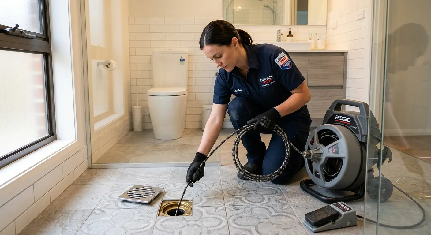 Technician clearing a bathroom floor drain for Sewer Line Installation in Fruitland Park